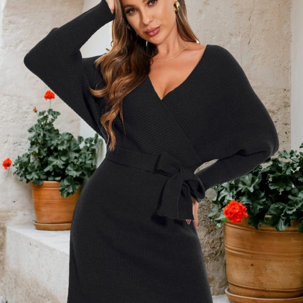 Elegant Black Knit Wrap Dress